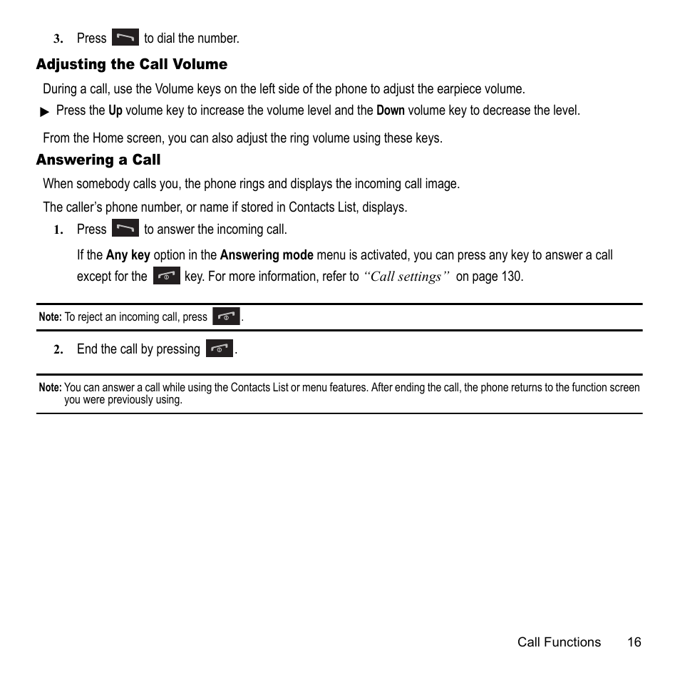 Adjusting the call volume, Answering a call, Adjusting the call volume answering a call | Samsung 07202010 User Manual | Page 23 / 154