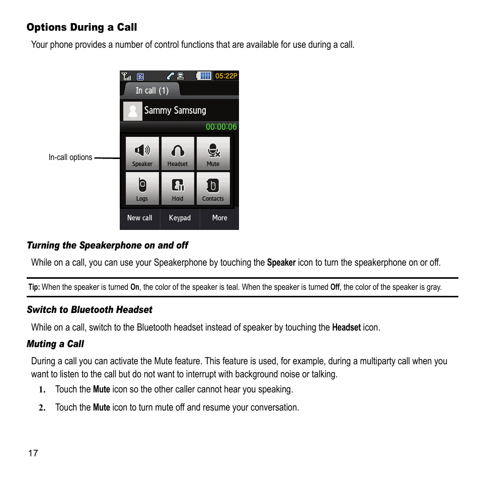 Options during a call | Samsung 07202010 User Manual | Page 24 / 154