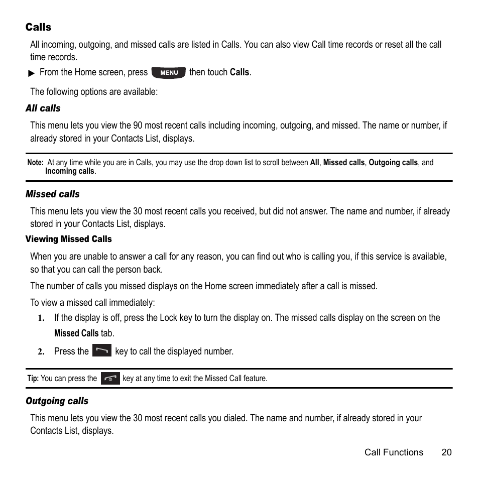 Calls | Samsung 07202010 User Manual | Page 27 / 154