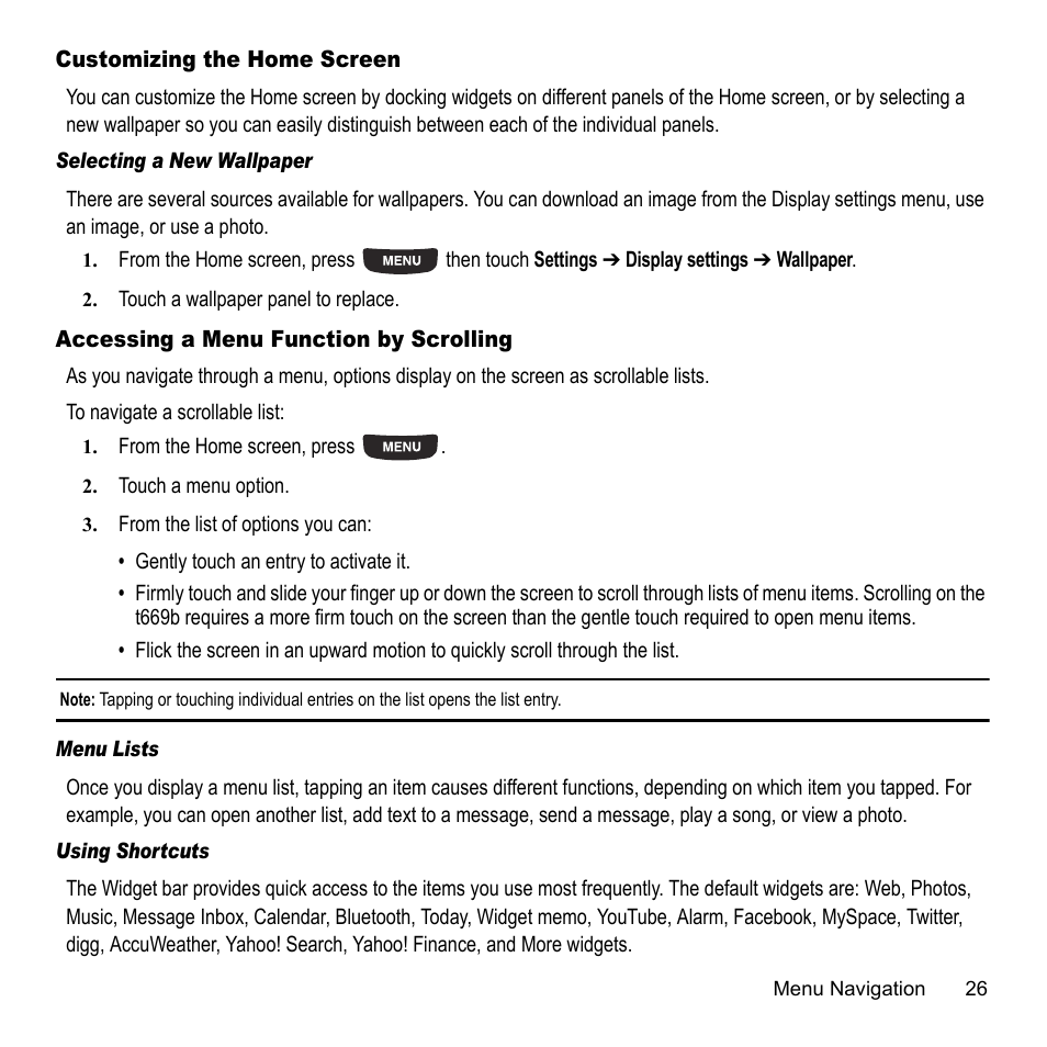 Customizing the home screen, Accessing a menu function by scrolling | Samsung 07202010 User Manual | Page 33 / 154