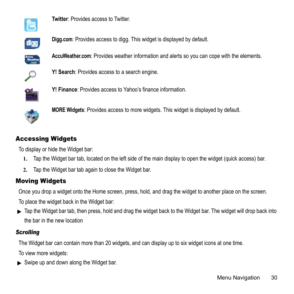 Accessing widgets, Moving widgets, Accessing widgets moving widgets | Samsung 07202010 User Manual | Page 37 / 154