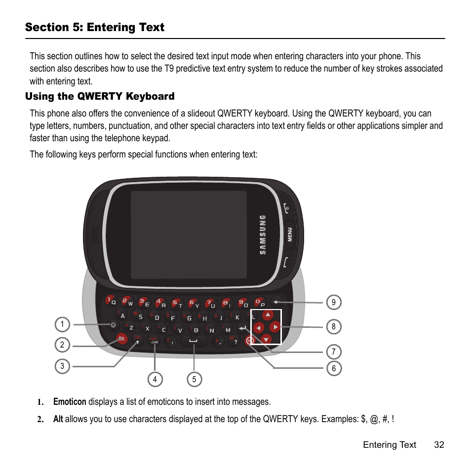 Section 5: entering text, Using the qwerty keyboard | Samsung 07202010 User Manual | Page 39 / 154