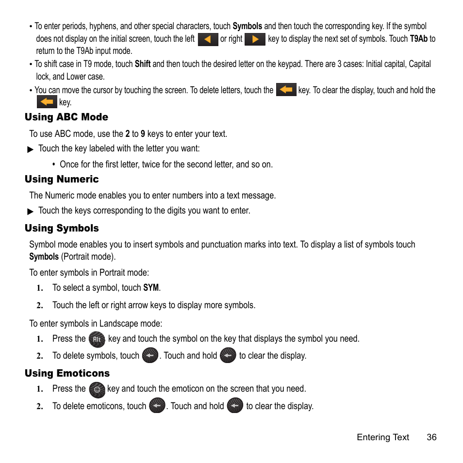 Using abc mode, Using numeric, Using symbols | Using emoticons, Using abc mode using numeric, Using symbols using emoticons | Samsung 07202010 User Manual | Page 43 / 154