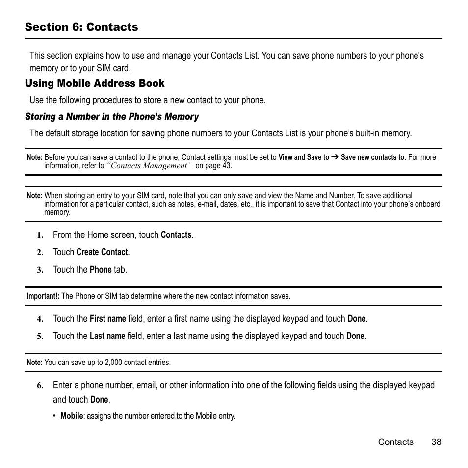 Section 6: contacts, Using mobile address book | Samsung 07202010 User Manual | Page 45 / 154