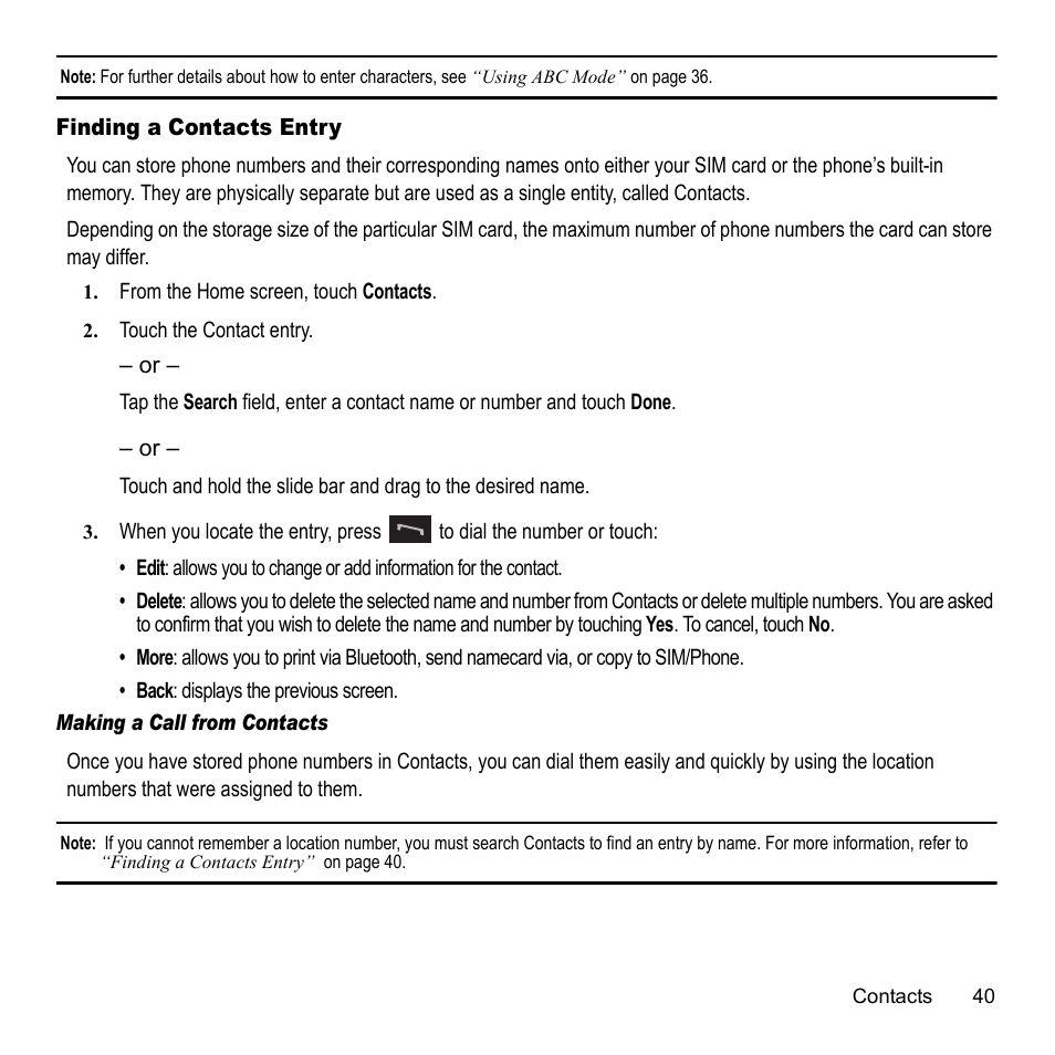 Finding a contacts entry | Samsung 07202010 User Manual | Page 47 / 154