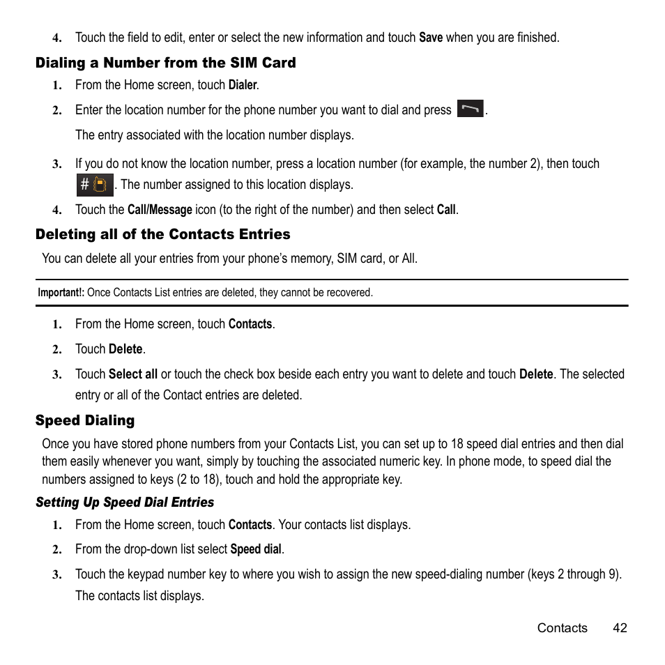 Dialing a number from the sim card, Deleting all of the contacts entries, Speed dialing | Samsung 07202010 User Manual | Page 49 / 154