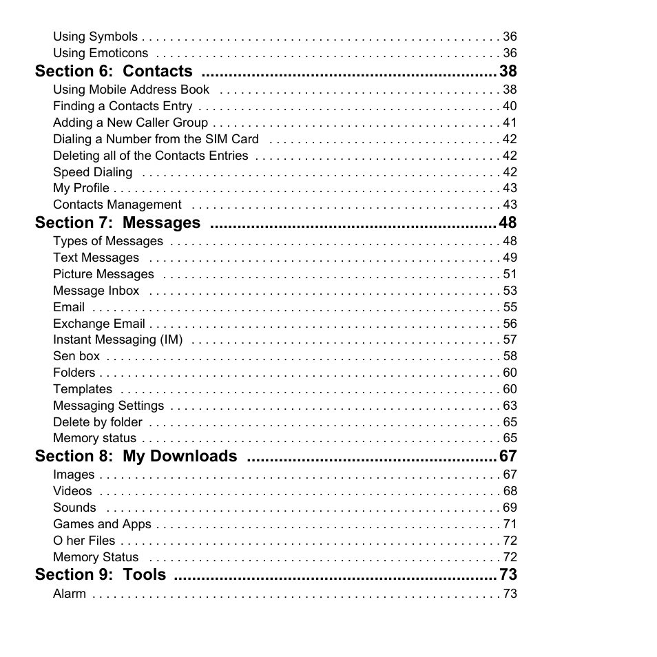 Section 6: contacts 38, Section 7: messages 48, Section 8: my downloads 67 | Section 9: tools 73 | Samsung 07202010 User Manual | Page 5 / 154