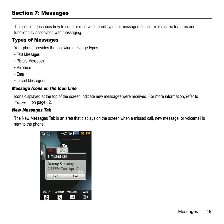 Section 7: messages, Types of messages | Samsung 07202010 User Manual | Page 55 / 154