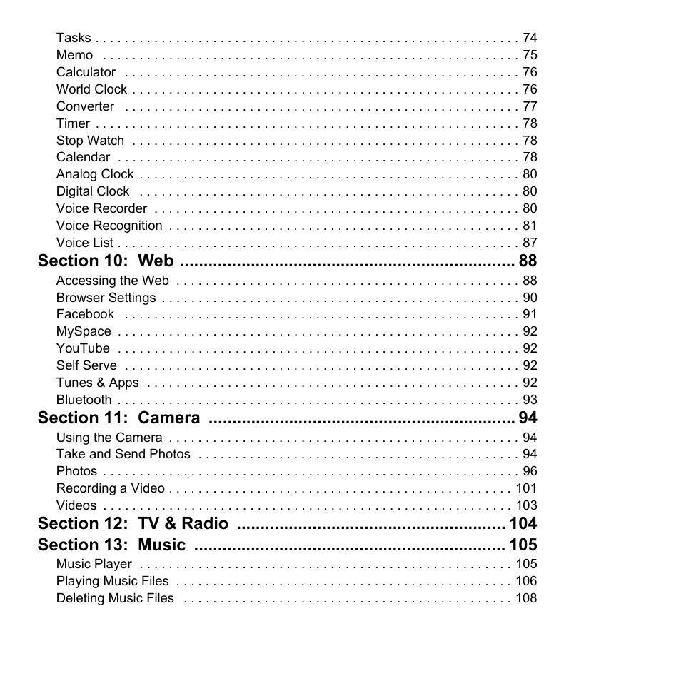 Section 10: web 88, Section 11: camera 94, Section 12: tv & radio 104 | Section 13: music 105 | Samsung 07202010 User Manual | Page 6 / 154