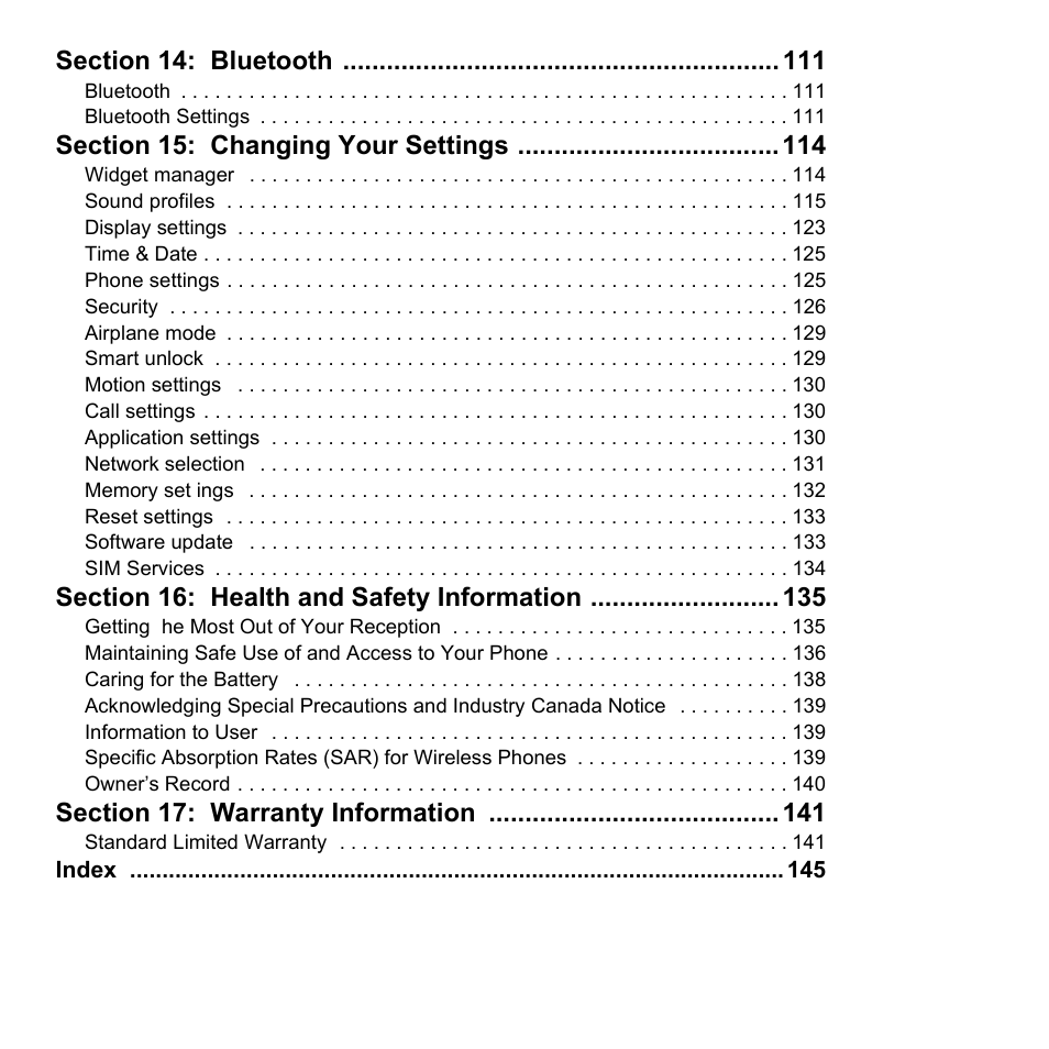 Section 14: bluetooth 111, Section 15: changing your settings 114, Section 16: health and safety information 135 | Section 17: warranty information 141 | Samsung 07202010 User Manual | Page 7 / 154