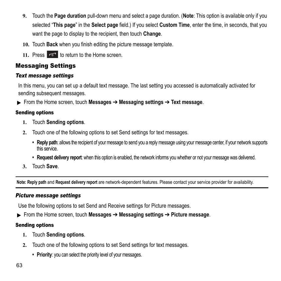 Messaging settings | Samsung 07202010 User Manual | Page 70 / 154