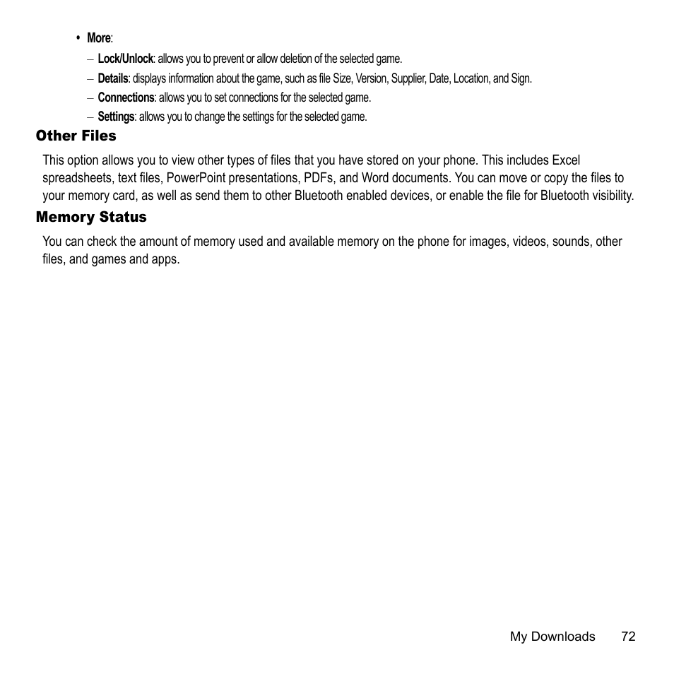 Other files, Memory status, O her files memory status | Samsung 07202010 User Manual | Page 79 / 154