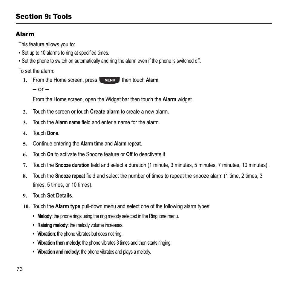 Section 9: tools, Alarm | Samsung 07202010 User Manual | Page 80 / 154