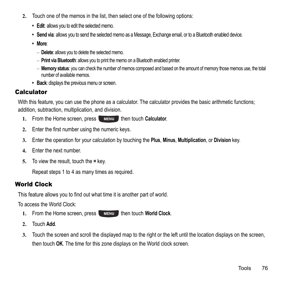 Calculator, World clock, Calculator world clock | Samsung 07202010 User Manual | Page 83 / 154
