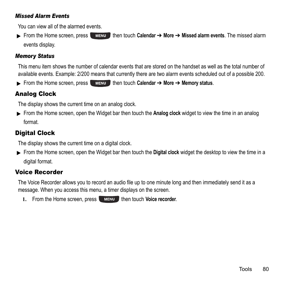 Analog clock, Digital clock, Voice recorder | Analog clock digital clock voice recorder | Samsung 07202010 User Manual | Page 87 / 154