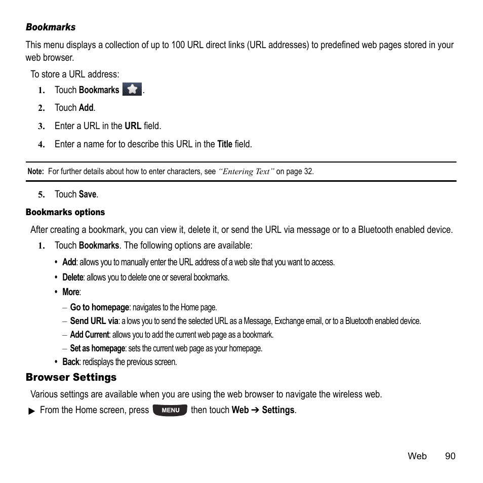 Browser settings | Samsung 07202010 User Manual | Page 97 / 154