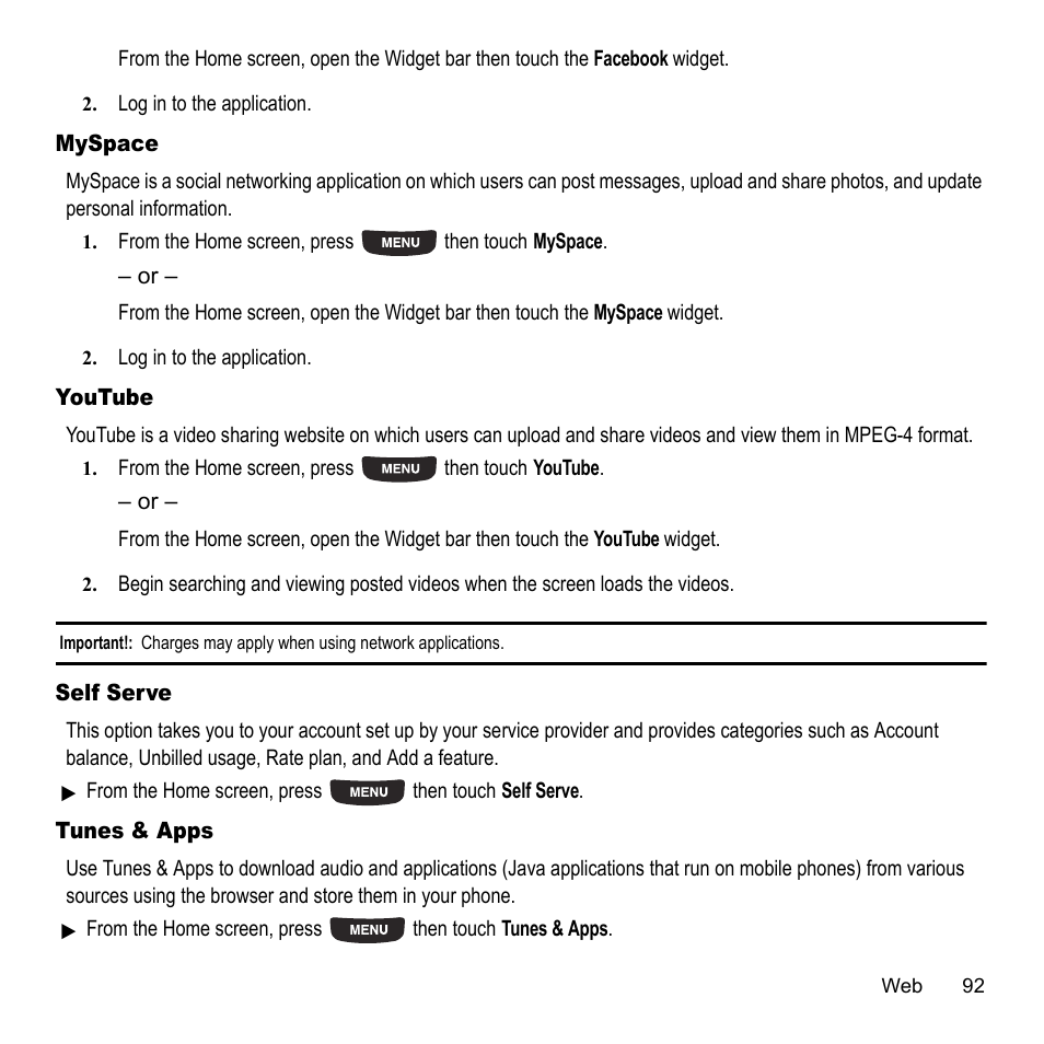 Myspace, Youtube, Self serve | Tunes & apps, Myspace youtube self serve tunes & apps | Samsung 07202010 User Manual | Page 99 / 154