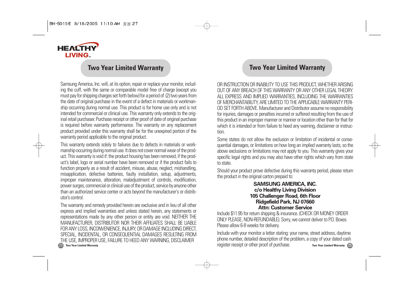 Two year limited warranty | Samsung BM-501S User Manual | Page 14 / 32