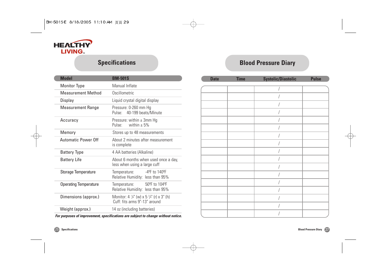 Blood pressure diary, Specifications | Samsung BM-501S User Manual | Page 15 / 32