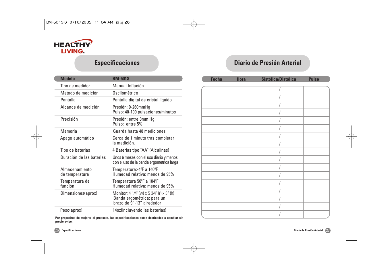 Diario de presión arterial, Especificaciones | Samsung BM-501S User Manual | Page 30 / 32