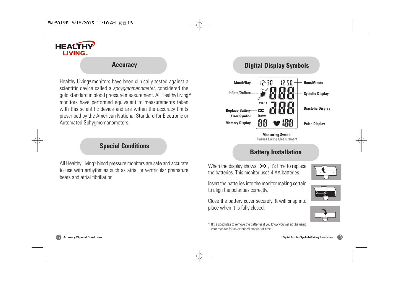 Digital display symbols battery installation, Accuracy special conditions | Samsung BM-501S User Manual | Page 8 / 32