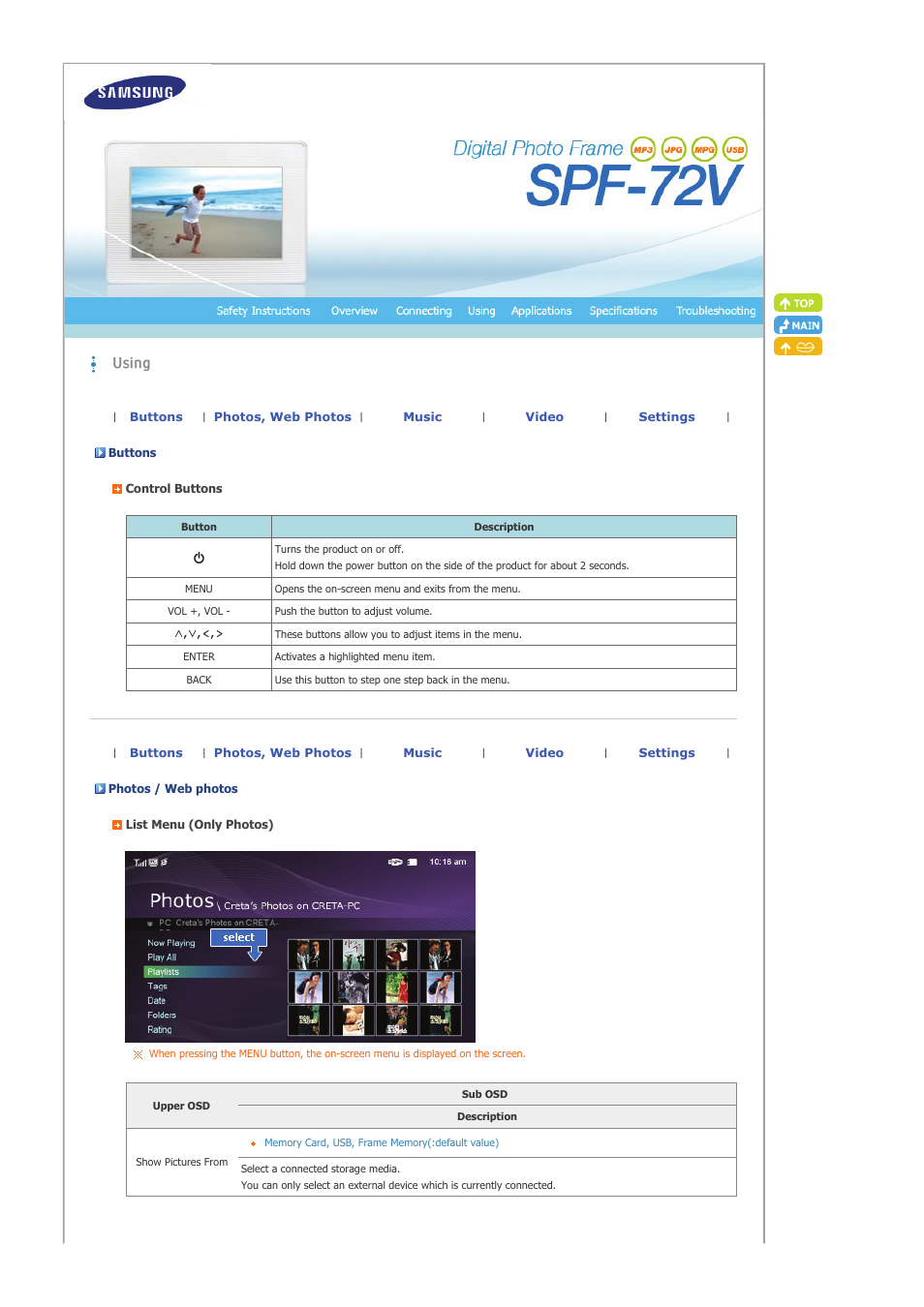 Using, Buttons, Photos / web photos | Samsung SAMTRON 72V User Manual | Page 14 / 38