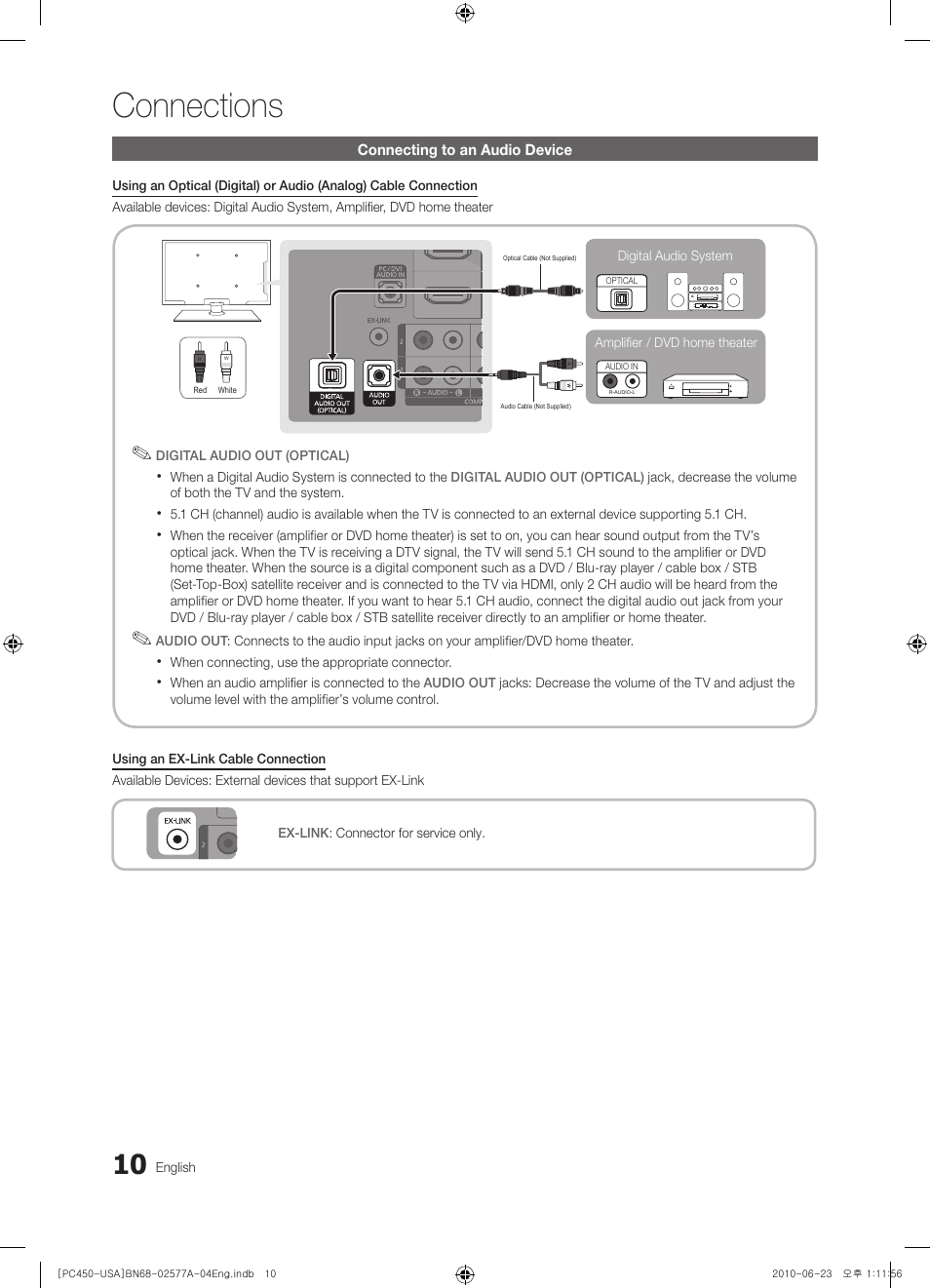 Connecting to an audio device, Connections | Samsung BN68-02577A-04 User Manual | Page 10 / 38