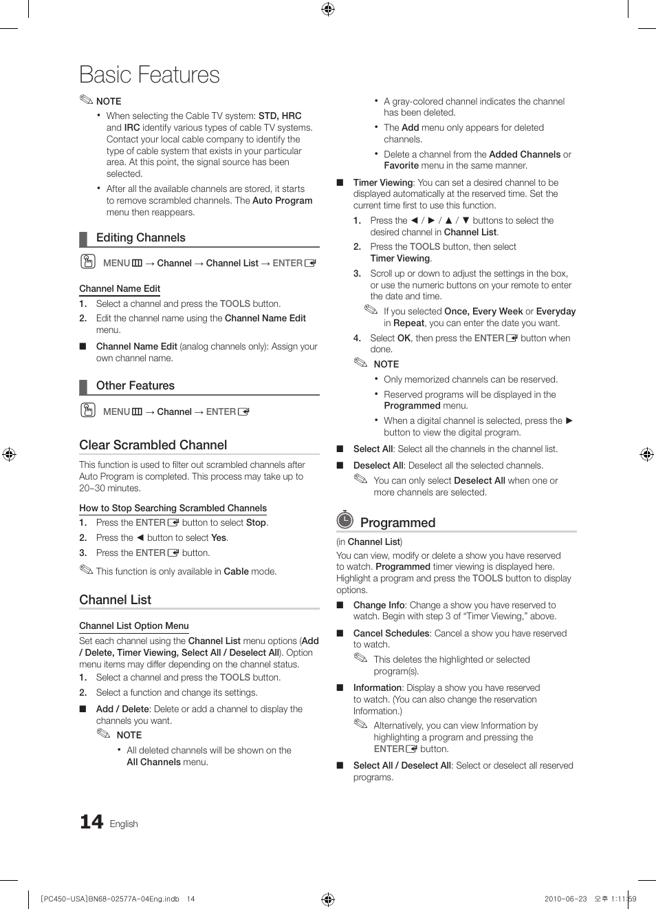 Editing channels, Other features, Basic features | Clear scrambled channel, Channel list, Programmed | Samsung BN68-02577A-04 User Manual | Page 14 / 38