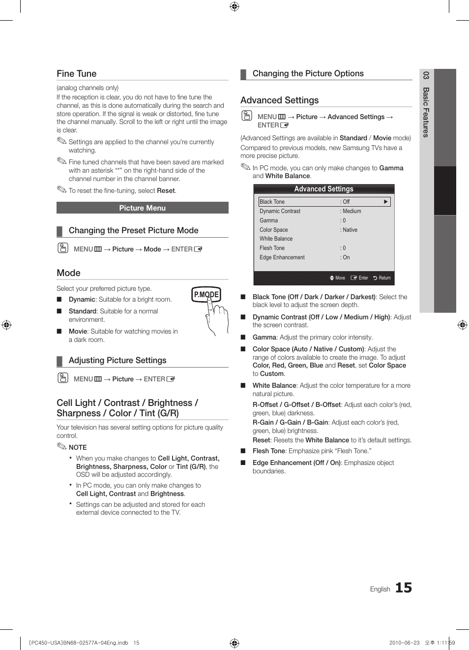 Picture menu, Changing the preset picture mode, Adjusting picture settings | Changing the picture options, Fine tune, Mode, Advanced settings | Samsung BN68-02577A-04 User Manual | Page 15 / 38