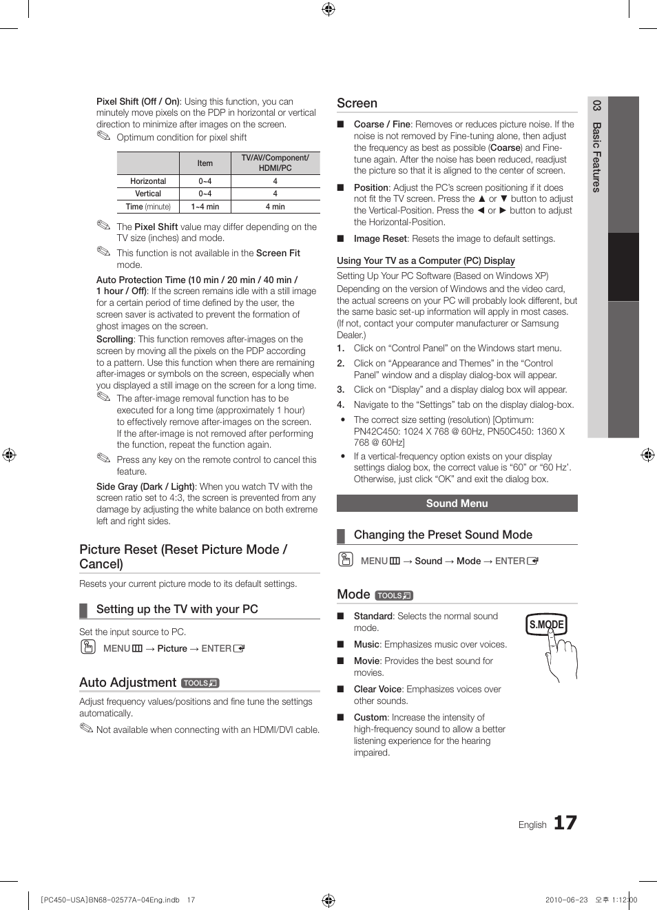 Setting up the tv with your pc, Sound menu, Changing the preset sound mode | Picture reset (reset picture mode / cancel), Auto adjustment, Screen, Mode | Samsung BN68-02577A-04 User Manual | Page 17 / 38