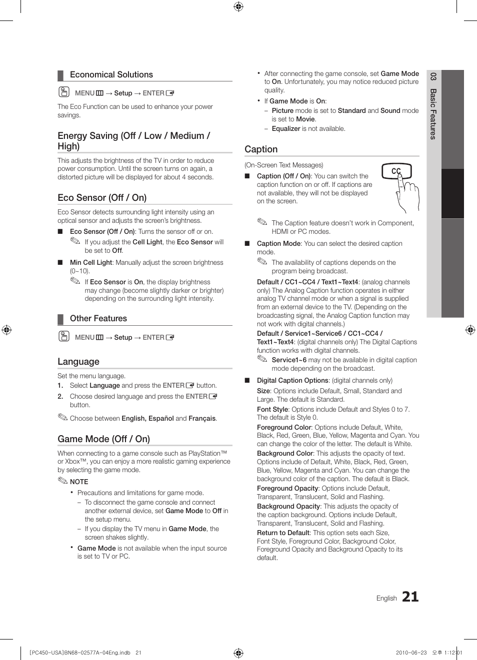 Economical solutions, Other features | Samsung BN68-02577A-04 User Manual | Page 21 / 38