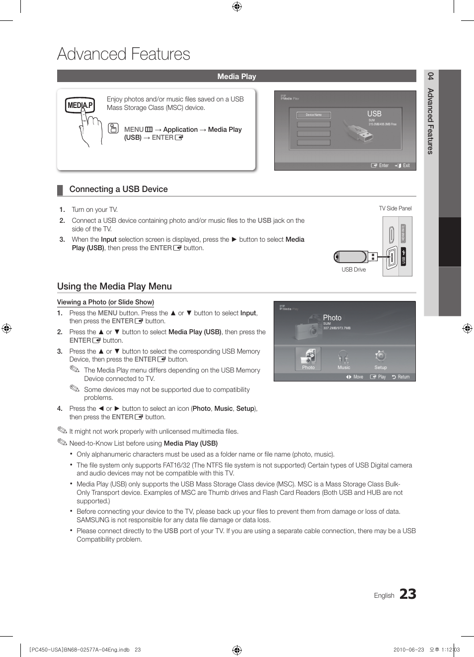 Advanced features, Media play, Connecting a usb device | Using the media play menu, Media.p, 04 advanced featur es, Photo, Music | Samsung BN68-02577A-04 User Manual | Page 23 / 38