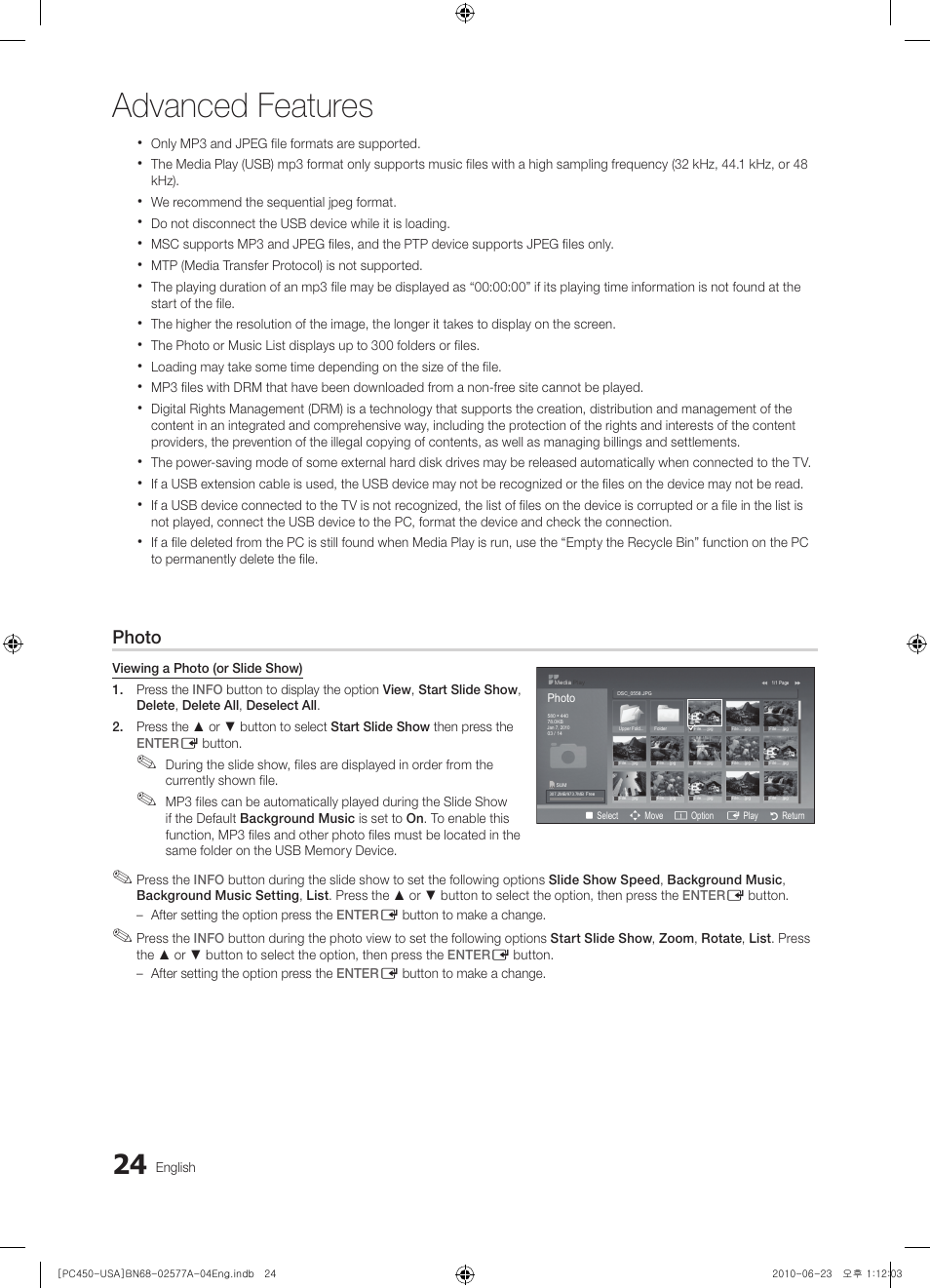 Advanced features, Photo | Samsung BN68-02577A-04 User Manual | Page 24 / 38