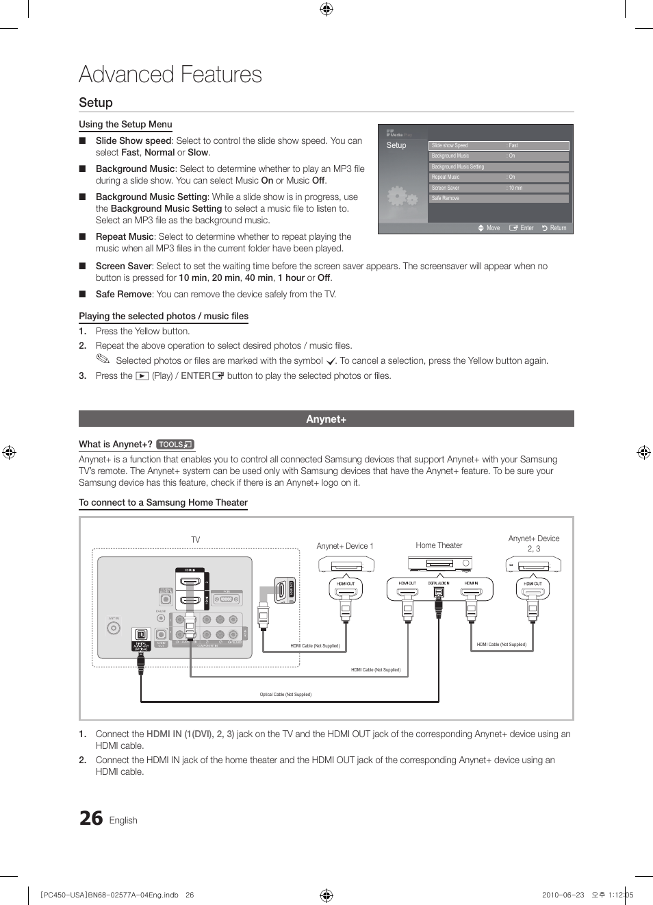 Anynet, Advanced features, Setup | Photo, Music, English, What is anynet | Samsung BN68-02577A-04 User Manual | Page 26 / 38