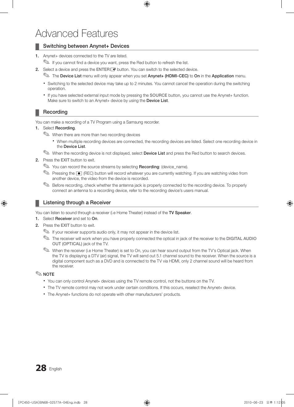 Switching between anynet+ devices, Recording, Listening through a receiver | Advanced features | Samsung BN68-02577A-04 User Manual | Page 28 / 38