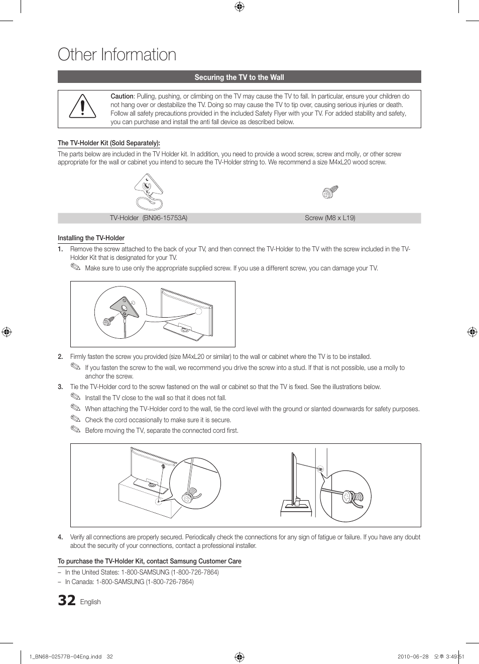 Securing the tv to the wall, Other information | Samsung BN68-02577A-04 User Manual | Page 32 / 38