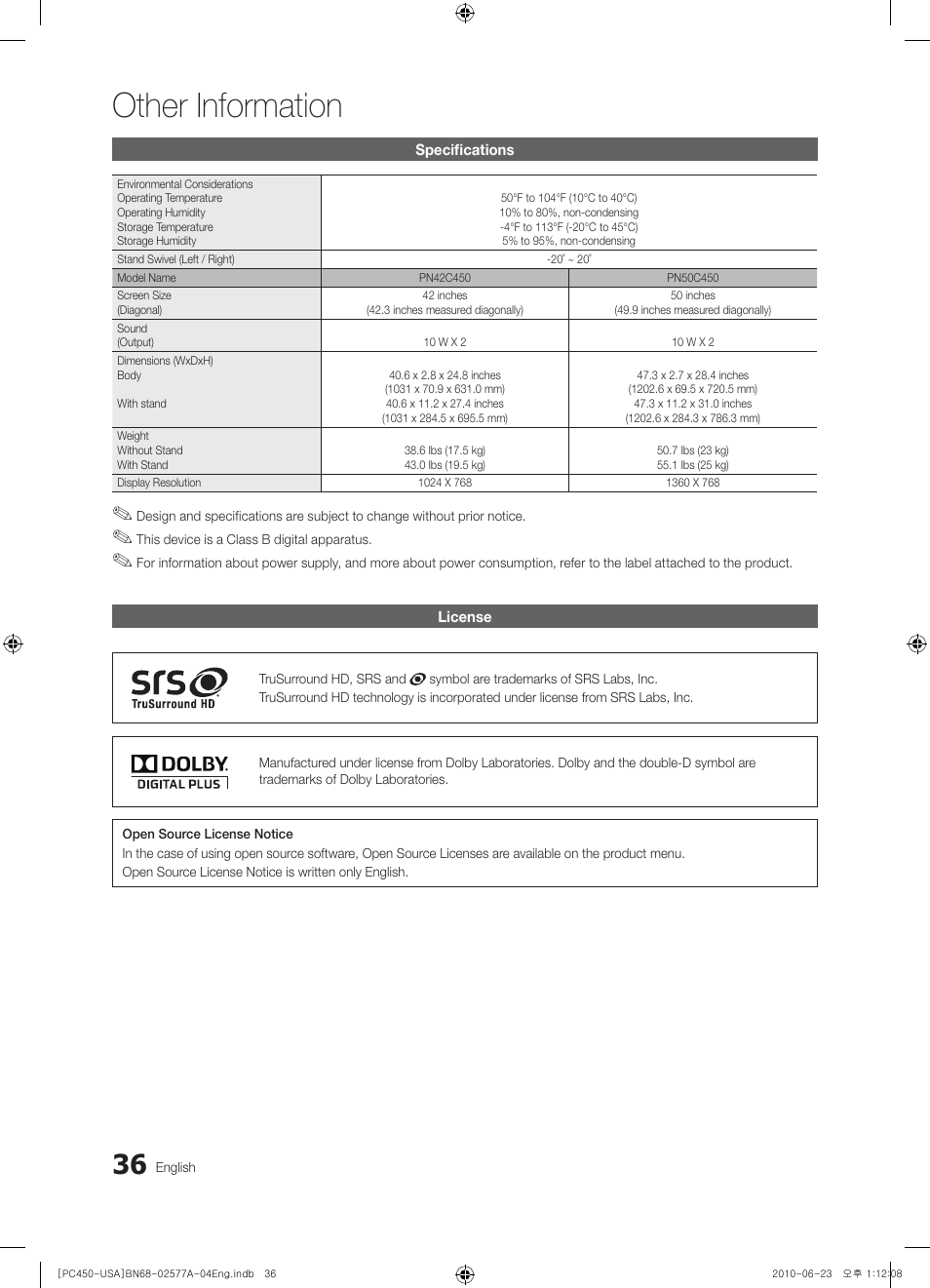 Specifications, License, Other information | Samsung BN68-02577A-04 User Manual | Page 36 / 38