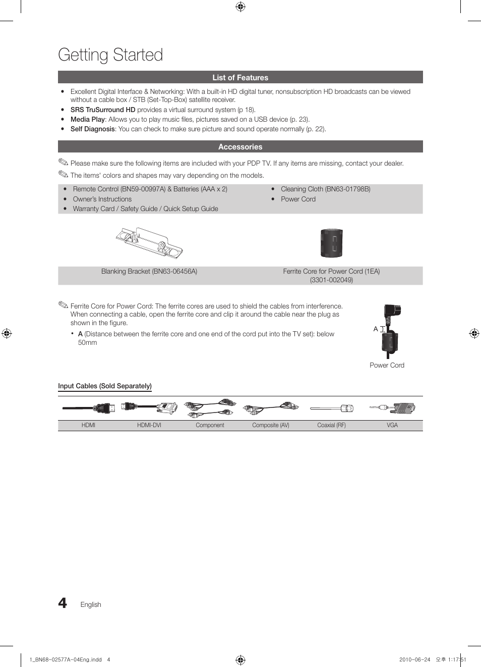 Getting started, List of features, Accessories | Samsung BN68-02577A-04 User Manual | Page 4 / 38