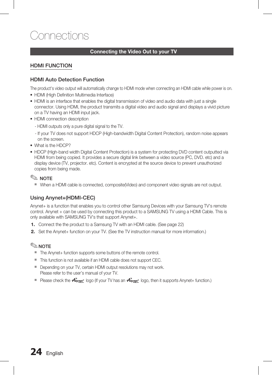 Connecting the video out to your tv, Connections | Samsung AH68-02269K User Manual | Page 24 / 48