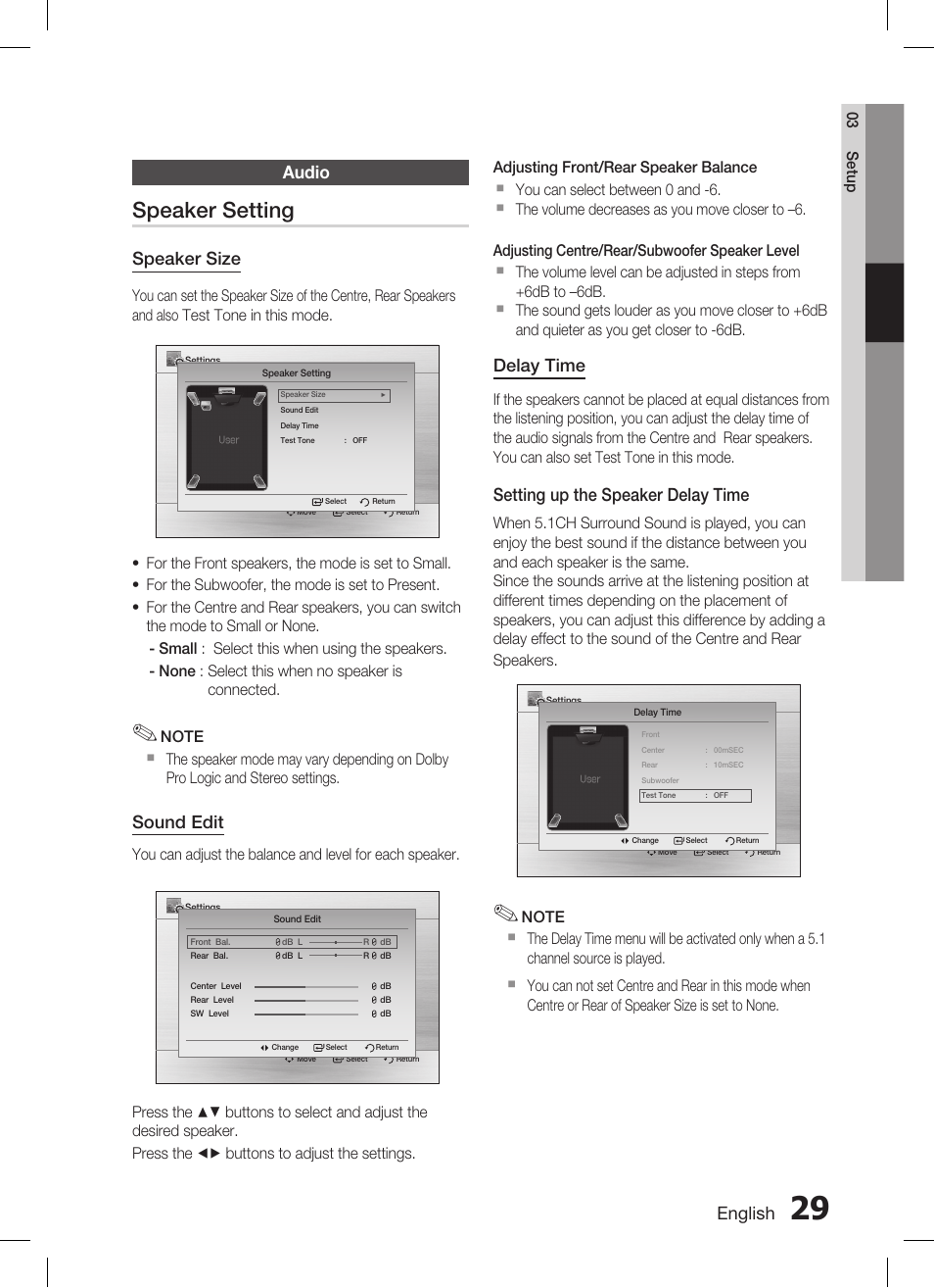 Audio, Speaker setting, English | Speaker size, Sound edit, Delay time, Setting up the speaker delay time | Samsung AH68-02269K User Manual | Page 29 / 48