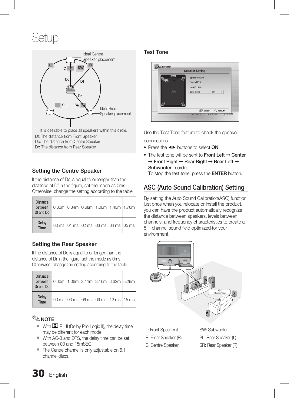 Setup, Asc (auto sound calibration) setting | Samsung AH68-02269K User Manual | Page 30 / 48