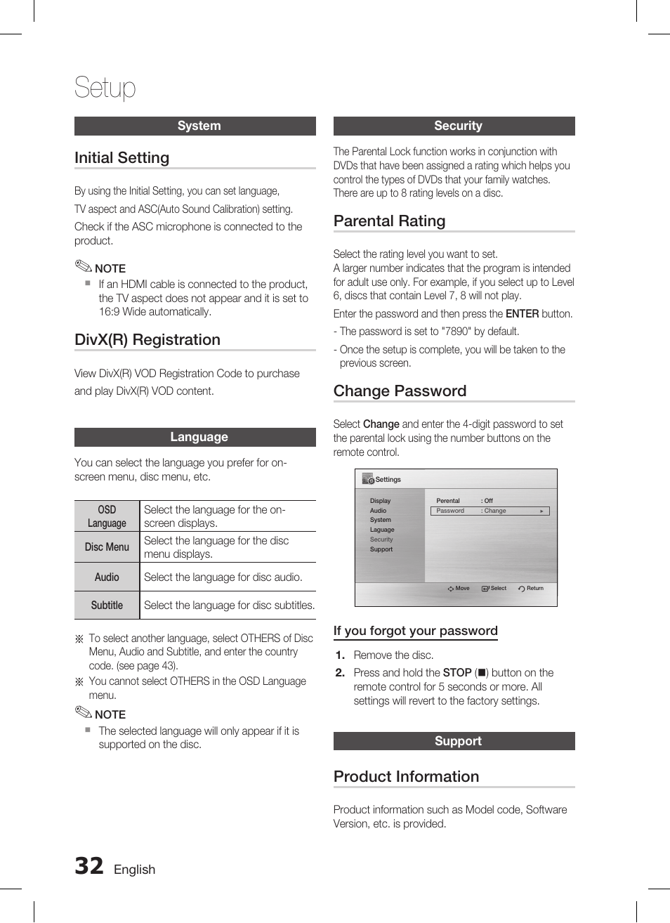 System, Language, Security | Support, Setup, Initial setting, Divx(r) registration, Parental rating, Change password, Product information | Samsung AH68-02269K User Manual | Page 32 / 48