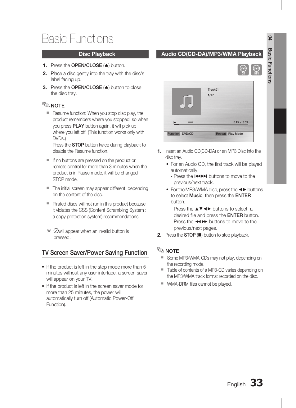 Disc playback, Audio cd(cd-da)/mp3/wma playback, Basic functions | Samsung AH68-02269K User Manual | Page 33 / 48