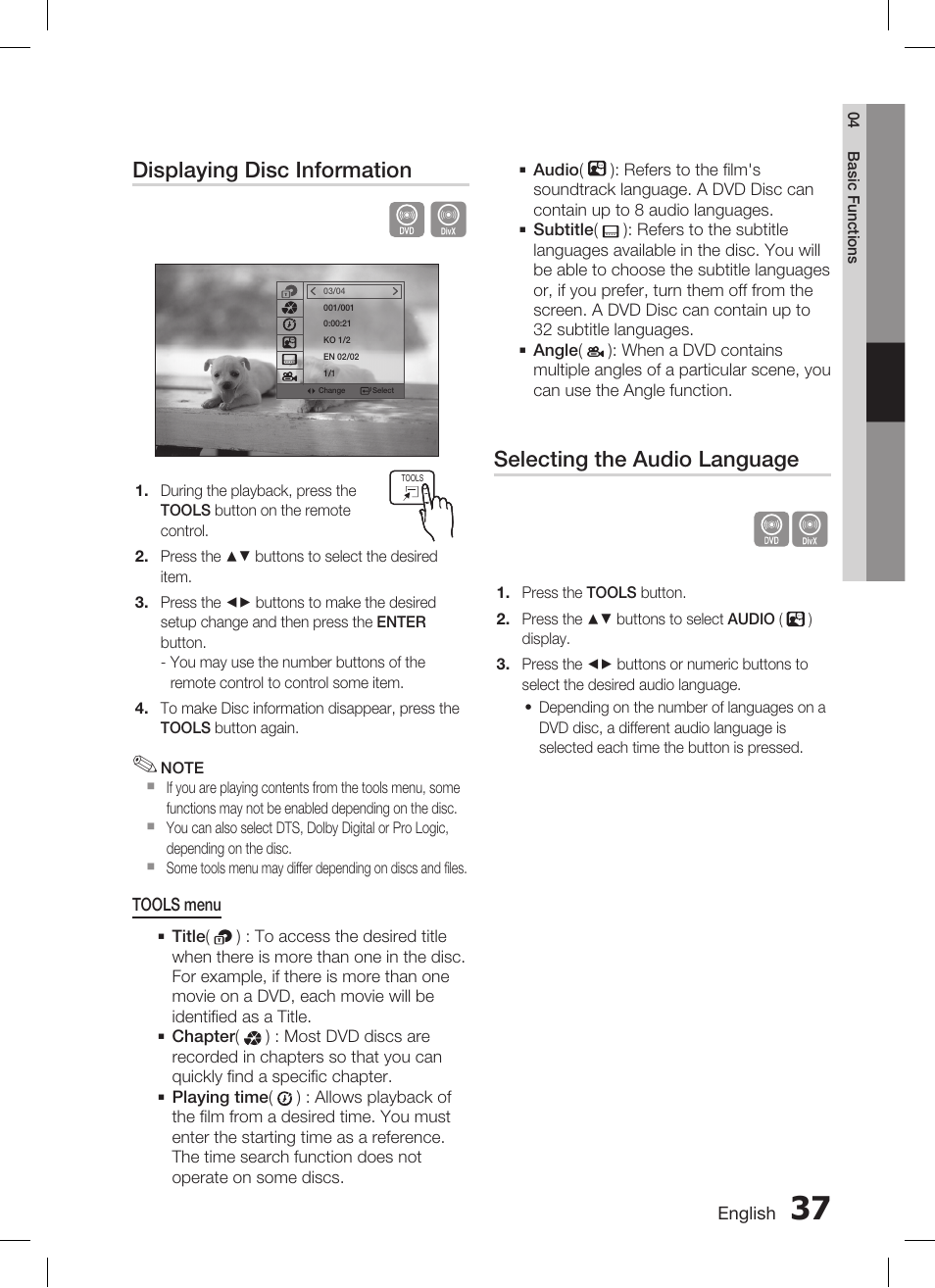 Displaying disc information, Selecting the audio language | Samsung AH68-02269K User Manual | Page 37 / 48