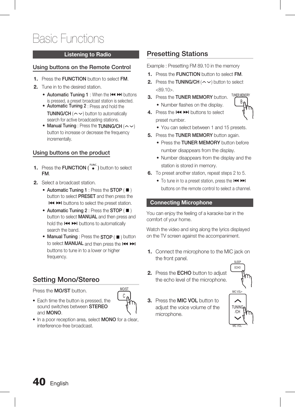 Listening to radio, Connecting microphone, Basic functions | Setting mono/stereo, Presetting stations | Samsung AH68-02269K User Manual | Page 40 / 48