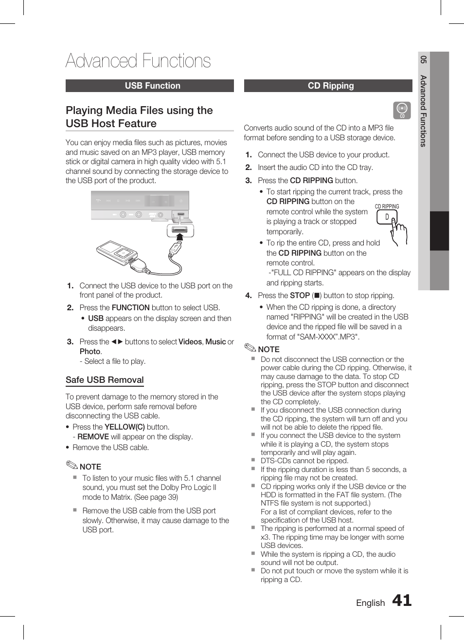 Advanced functions, Usb function, Cd ripping | Playing media files using the usb host feature | Samsung AH68-02269K User Manual | Page 41 / 48