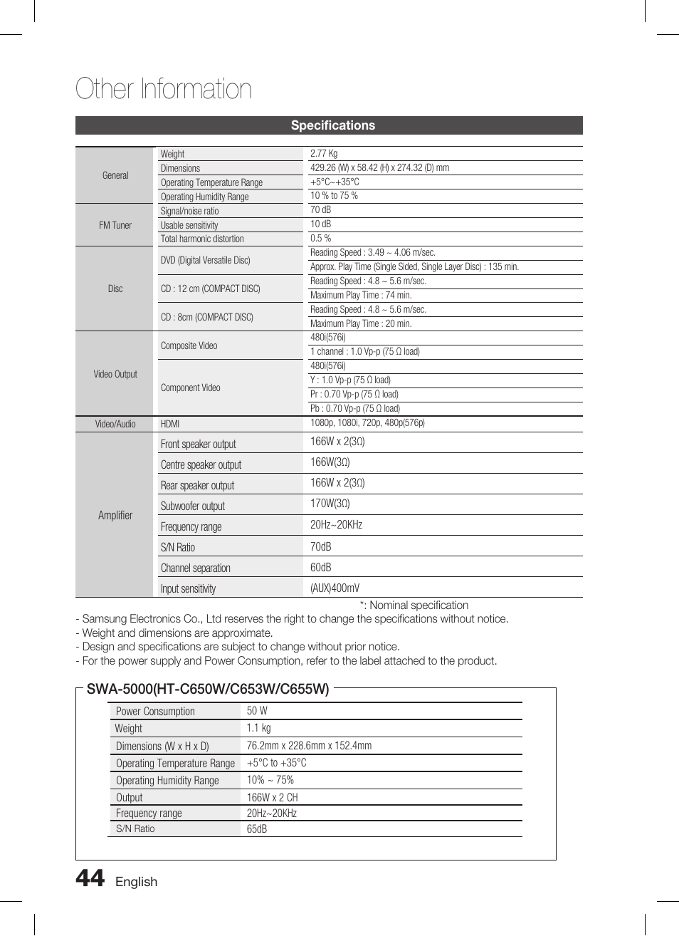 Specifications, Other information | Samsung AH68-02269K User Manual | Page 44 / 48