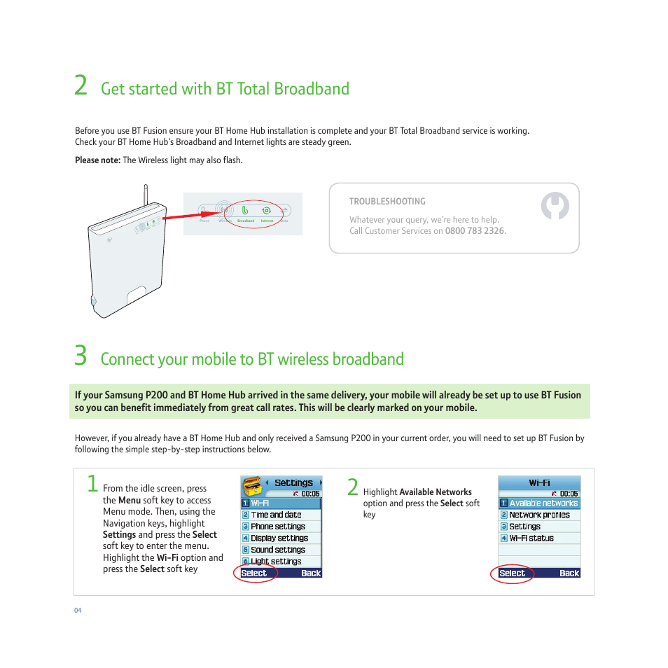 Get started with bt total broadband, Connect your mobile to bt wireless broadband | Samsung BT FUSION P200 User Manual | Page 8 / 24