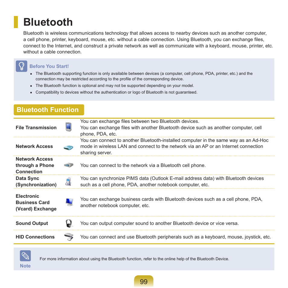 Bluetooth, Bluetooth function | Samsung R70 User Manual | Page 100 / 196