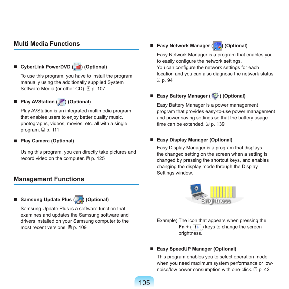 Multi media functions, Management functions | Samsung R70 User Manual | Page 106 / 196